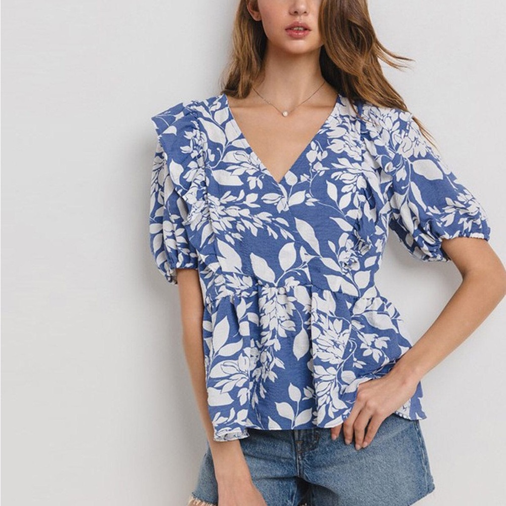 Blue Peplum Blouse with Puff Sleeves and Ruffled Details (Made in USA)🇺🇸